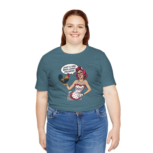 Just a Girl Who Loves Peckers - Funny Retro Humor Tee - Goateez Style