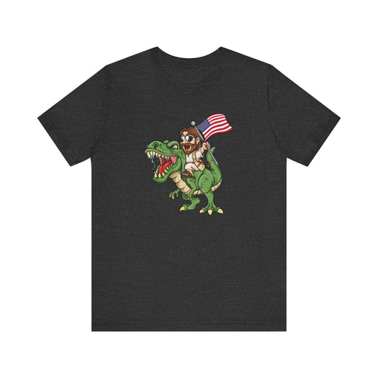 Patriotic Jesus Riding T-Rex T-Shirt - Fun and Unique Dinosaur Graphic Tee - Goateez Style