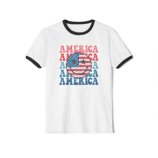 Retro America Smiley Face Ringer T-Shirt - Patriotic 70s Vibes - Goateez Style