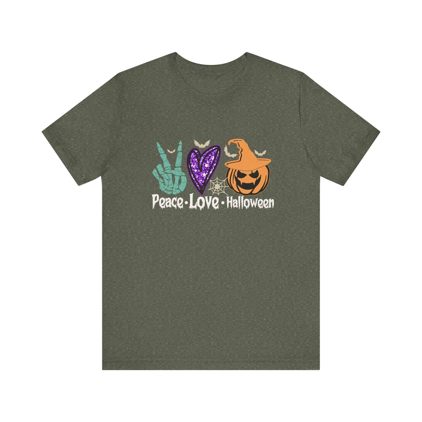 Peace Love Halloween T-Shirt - Retro Skeleton Hand and Pumpkin Design - Goateez Style