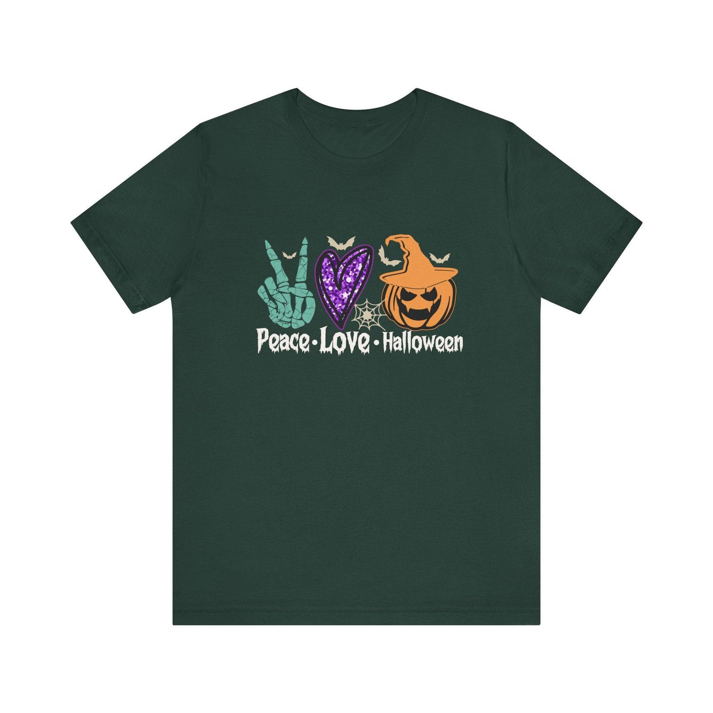 Peace Love Halloween T-Shirt - Retro Skeleton Hand and Pumpkin Design - Goateez Style