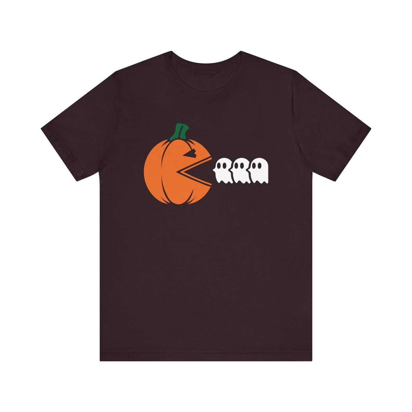Halloween Pumpkin Chasing Ghosts T-Shirt - Fun Retro Gaming Design - Goateez Style