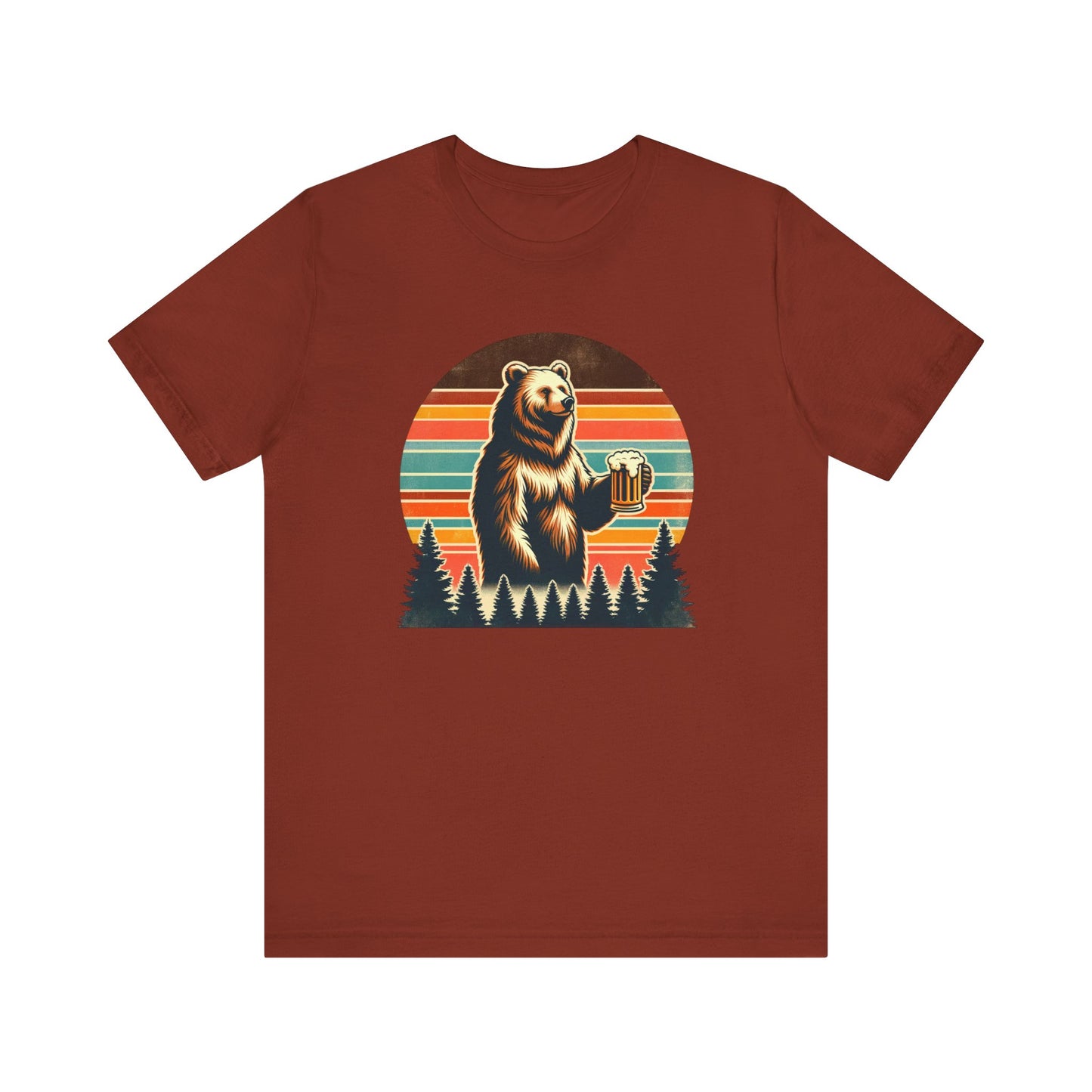 Retro Bear with Beer T-Shirt - Forest Sunset Graphic Tee - Goateez Style