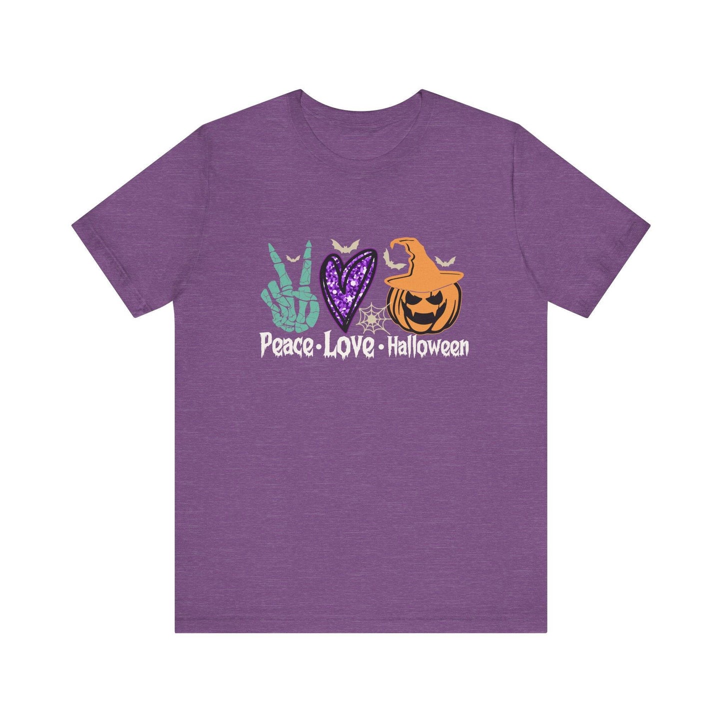 Peace Love Halloween T-Shirt - Retro Skeleton Hand and Pumpkin Design - Goateez Style