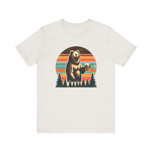 Retro Bear with Beer T-Shirt - Forest Sunset Graphic Tee - Goateez Style