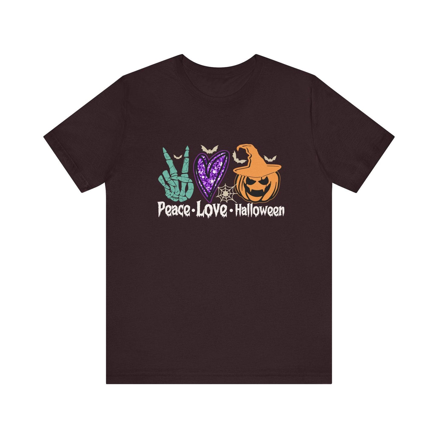 Peace Love Halloween T-Shirt - Retro Skeleton Hand and Pumpkin Design - Goateez Style