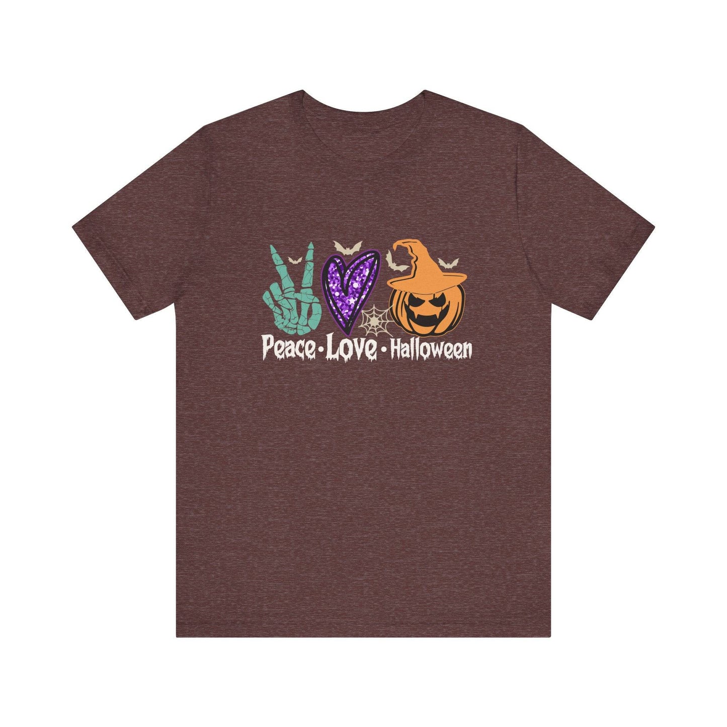 Peace Love Halloween T-Shirt - Retro Skeleton Hand and Pumpkin Design - Goateez Style