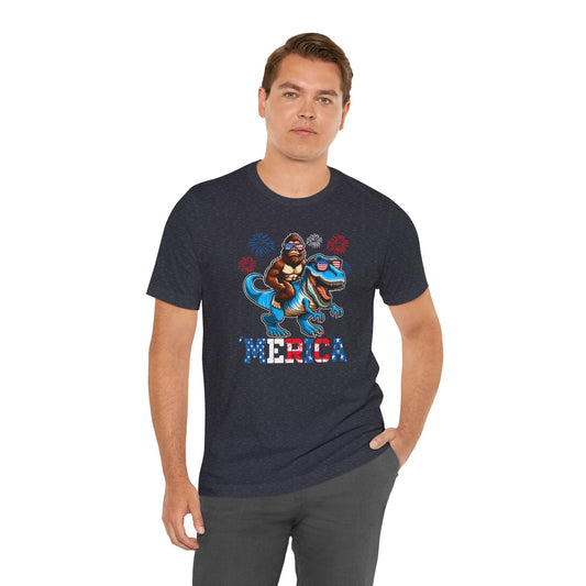 Epic Patriotic Bigfoot Riding T-Rex T-Shirt - Ultimate Patriotic Tee - Goateez Style