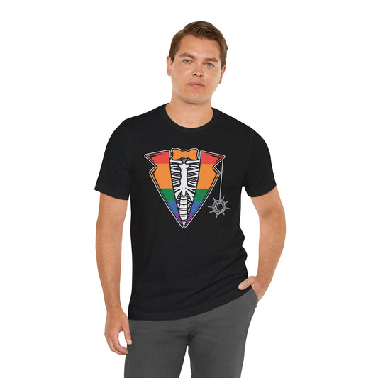 Skeleton Tuxedo Pride Flag T-Shirt - LGBTQ Halloween Costume Design - Goateez Style