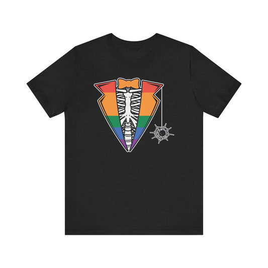 Skeleton Tuxedo Pride Flag T-Shirt - LGBTQ Halloween Costume Design - Goateez Style