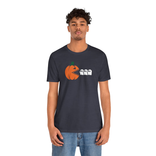 Halloween Pumpkin Chasing Ghosts T-Shirt - Fun Retro Gaming Design - Goateez Style