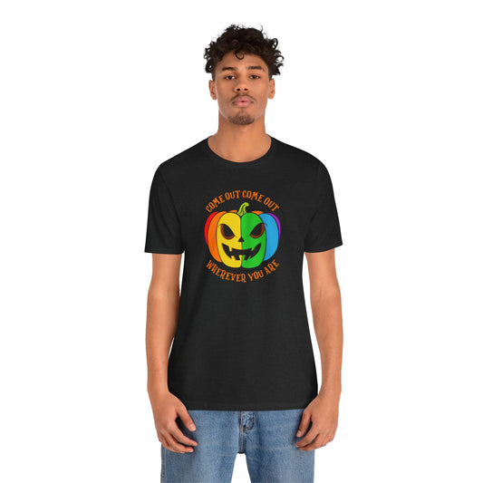 Come Out Wherever You Are LGBTQ Halloween T-Shirt - Rainbow Pumpkin Design - Goateez Style