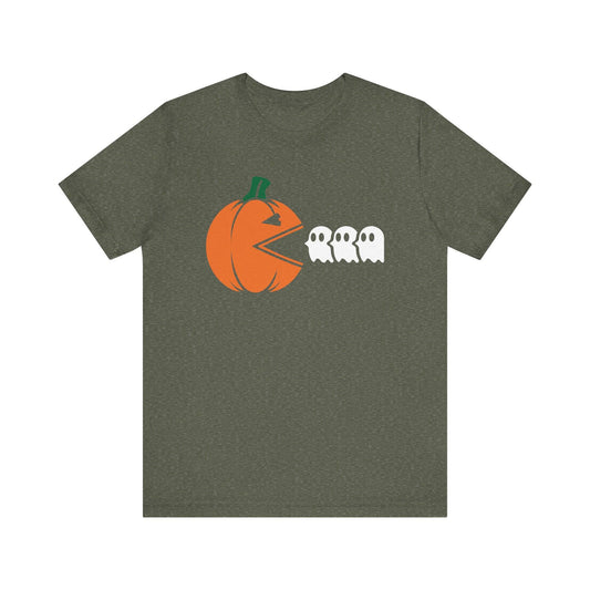 Halloween Pumpkin Chasing Ghosts T-Shirt - Fun Retro Gaming Design - Goateez Style
