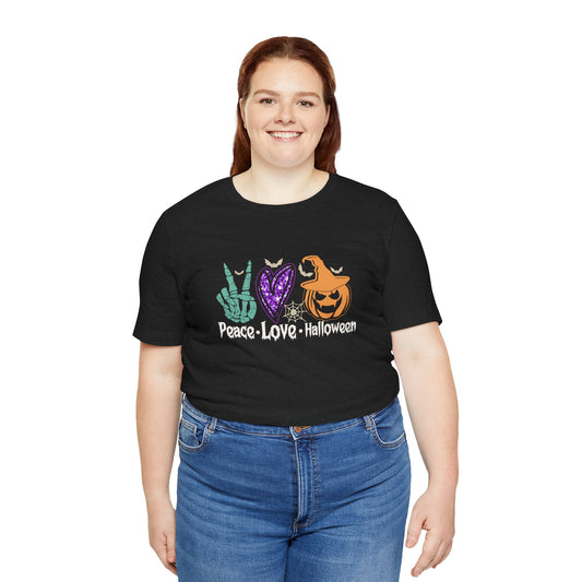 Peace Love Halloween T-Shirt - Retro Skeleton Hand and Pumpkin Design - Goateez Style