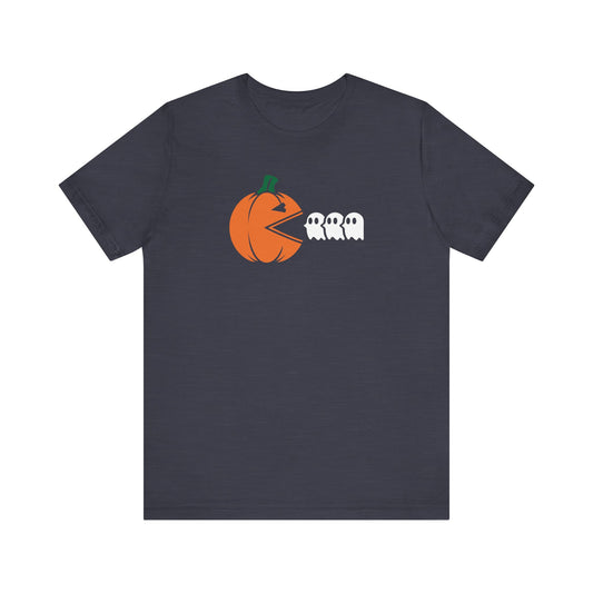 Halloween Pumpkin Chasing Ghosts T-Shirt - Fun Retro Gaming Design - Goateez Style