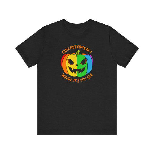 Come Out Wherever You Are LGBTQ Halloween T-Shirt - Rainbow Pumpkin Design - Goateez Style