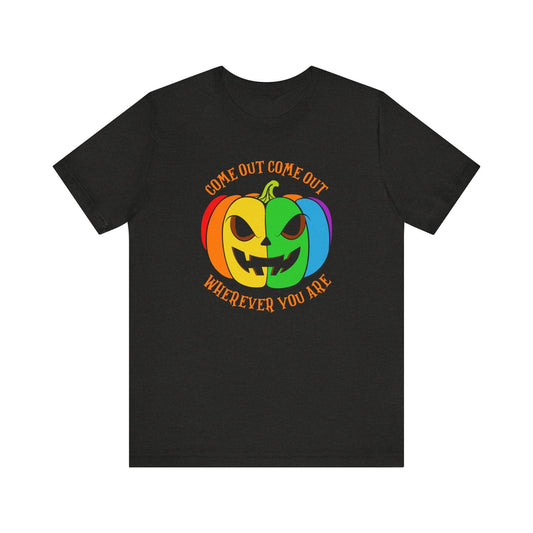 Come Out Wherever You Are LGBTQ Halloween T-Shirt - Rainbow Pumpkin Design - Goateez Style