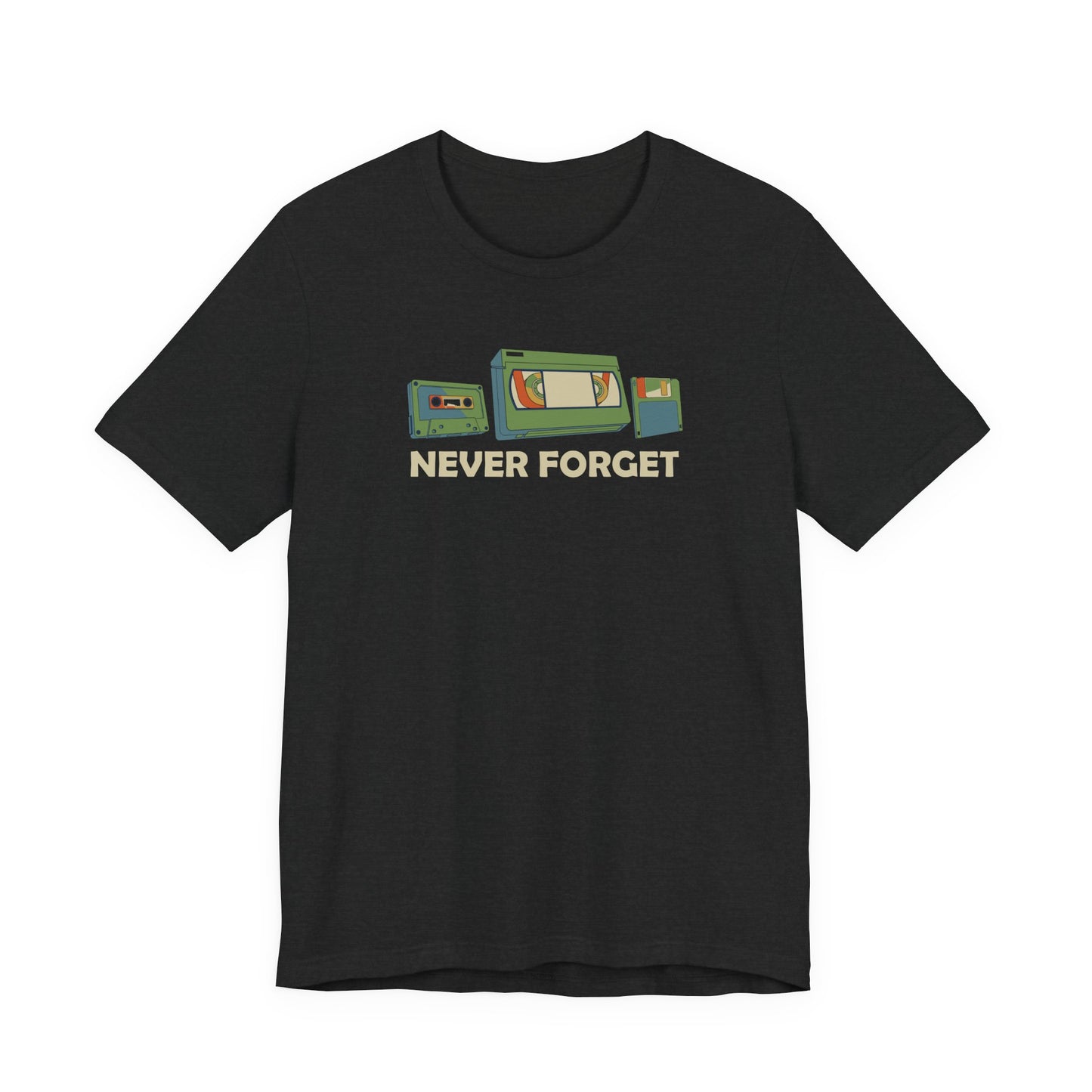 Never Forget T-Shirt - Retro Cassette, VHS, and Floppy Disk Design - Goateez Style