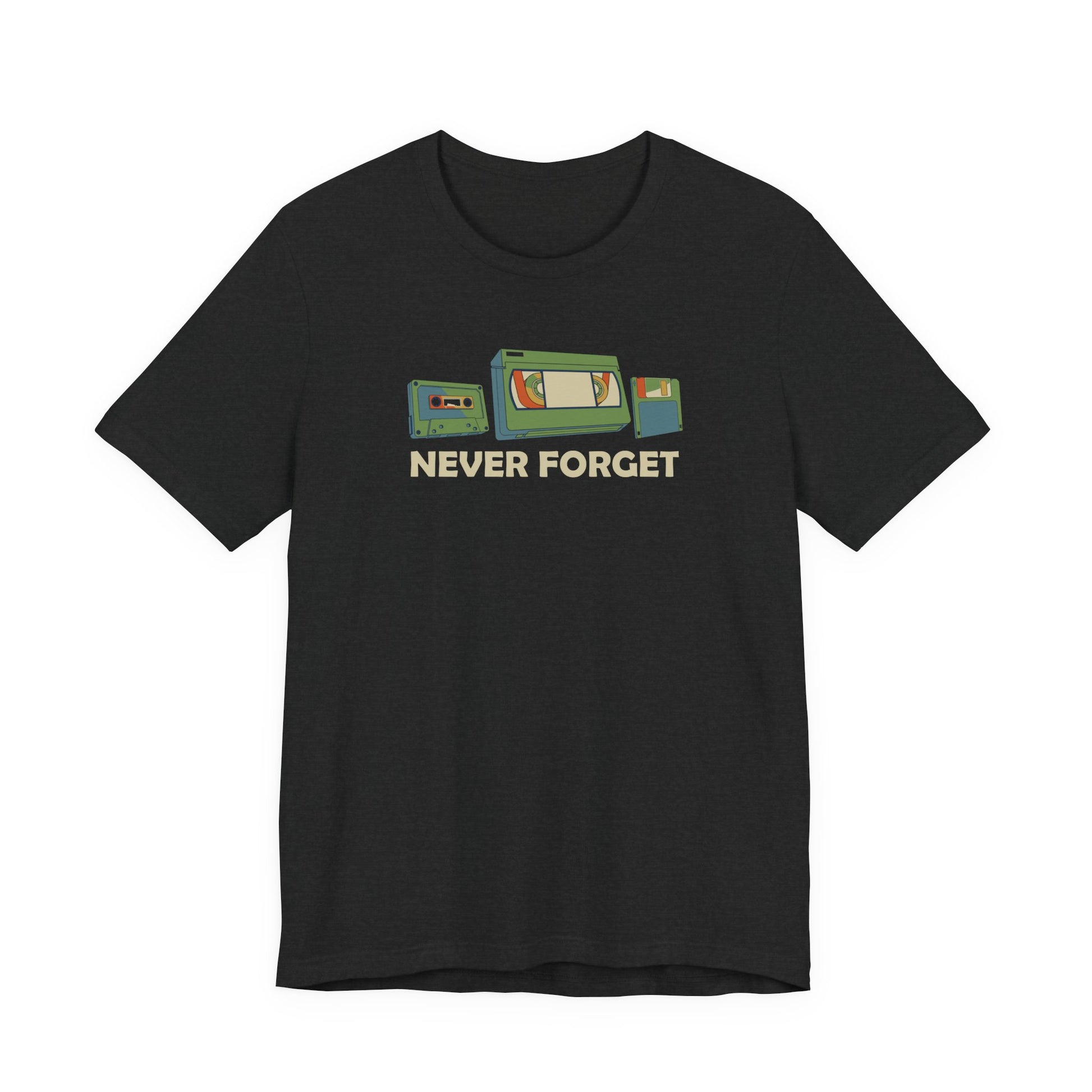Never Forget T-Shirt - Retro Cassette, VHS, and Floppy Disk Design - Goateez Style