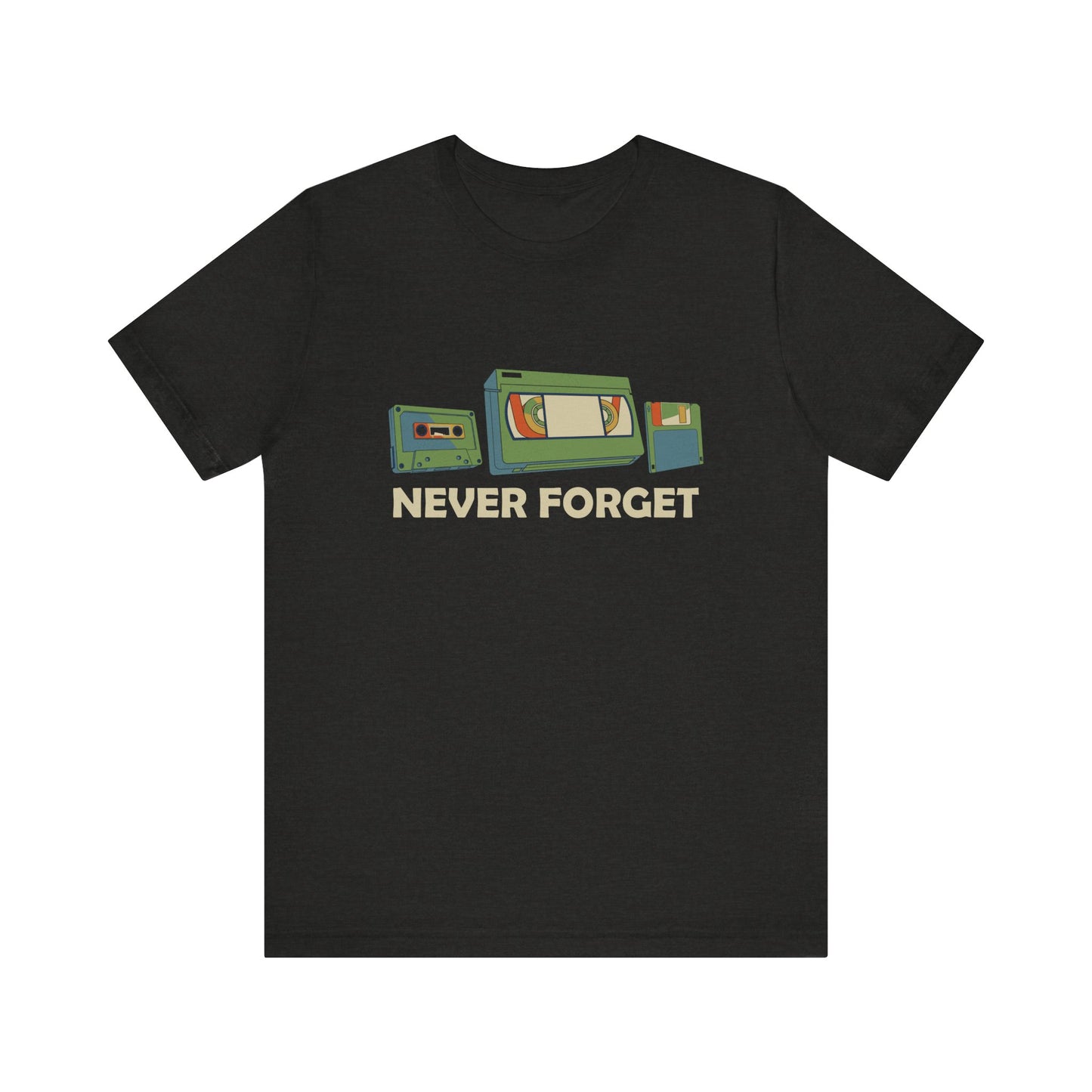 Never Forget T-Shirt - Retro Cassette, VHS, and Floppy Disk Design