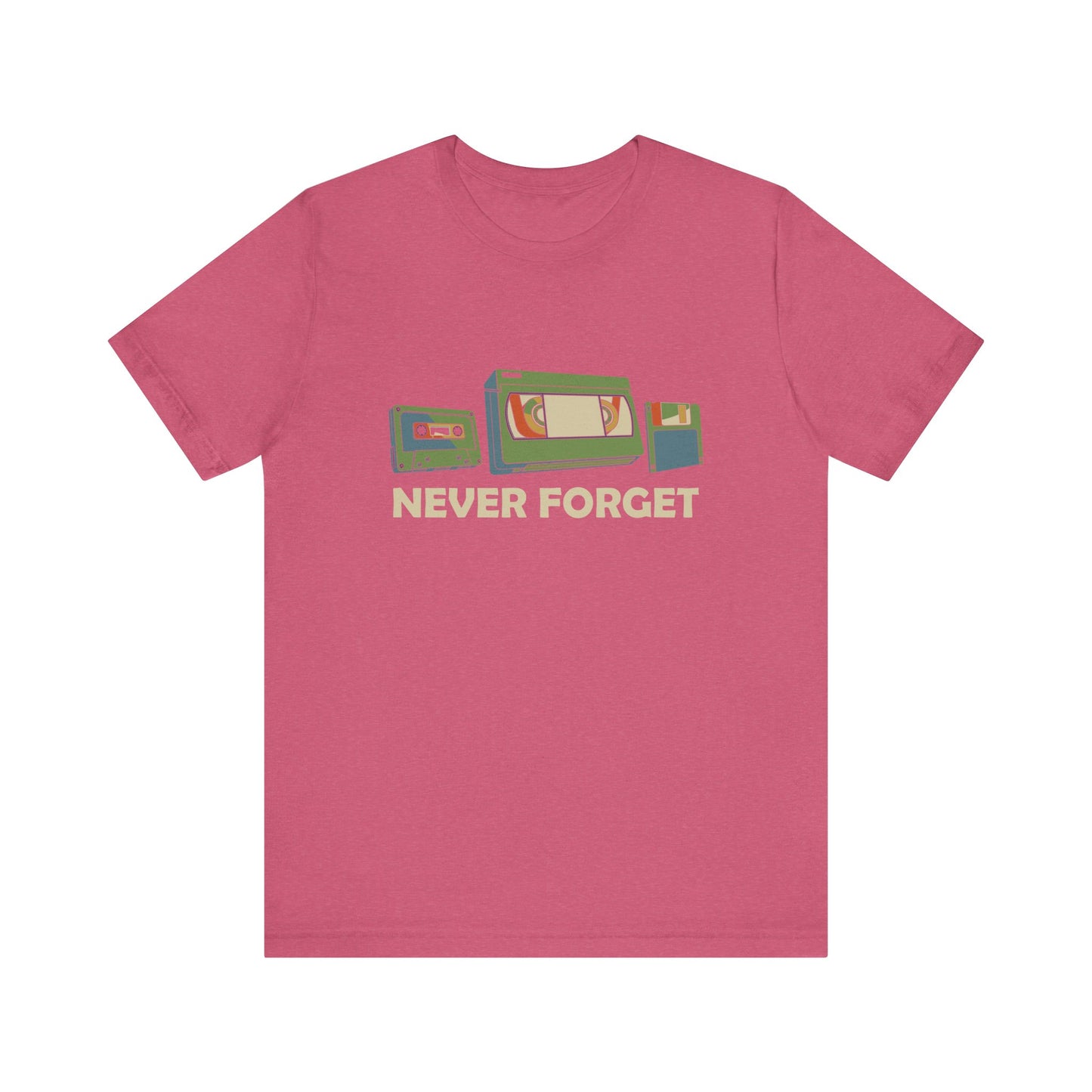 Never Forget T-Shirt - Retro Cassette, VHS, and Floppy Disk Design