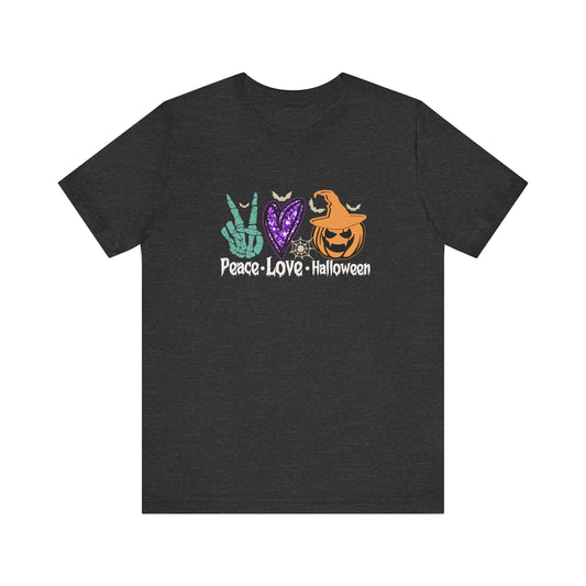 Peace Love Halloween T-Shirt - Retro Skeleton Hand and Pumpkin Design - Goateez Style