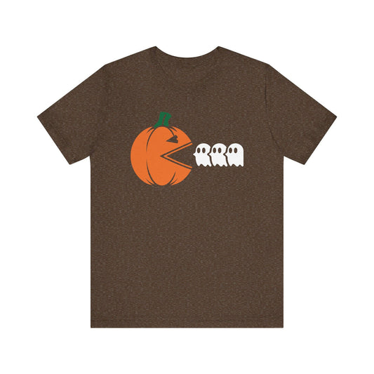 Halloween Pumpkin Chasing Ghosts T-Shirt - Fun Retro Gaming Design - Goateez Style