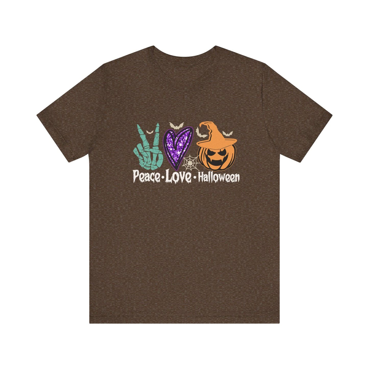 Peace Love Halloween T-Shirt - Retro Skeleton Hand and Pumpkin Design - Goateez Style