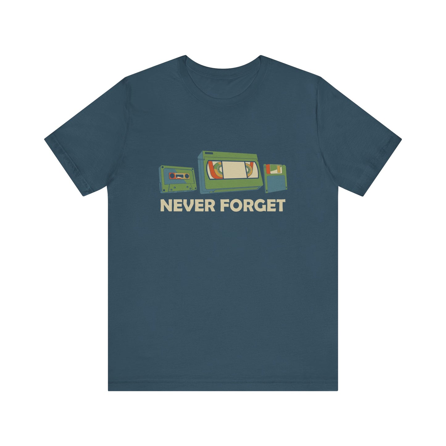 Never Forget T-Shirt - Retro Cassette, VHS, and Floppy Disk Design