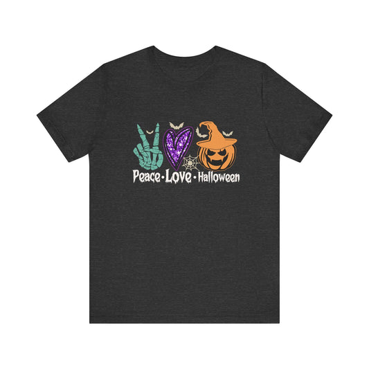 Peace Love Halloween T-Shirt - Retro Skeleton Hand and Pumpkin Design - Goateez Style
