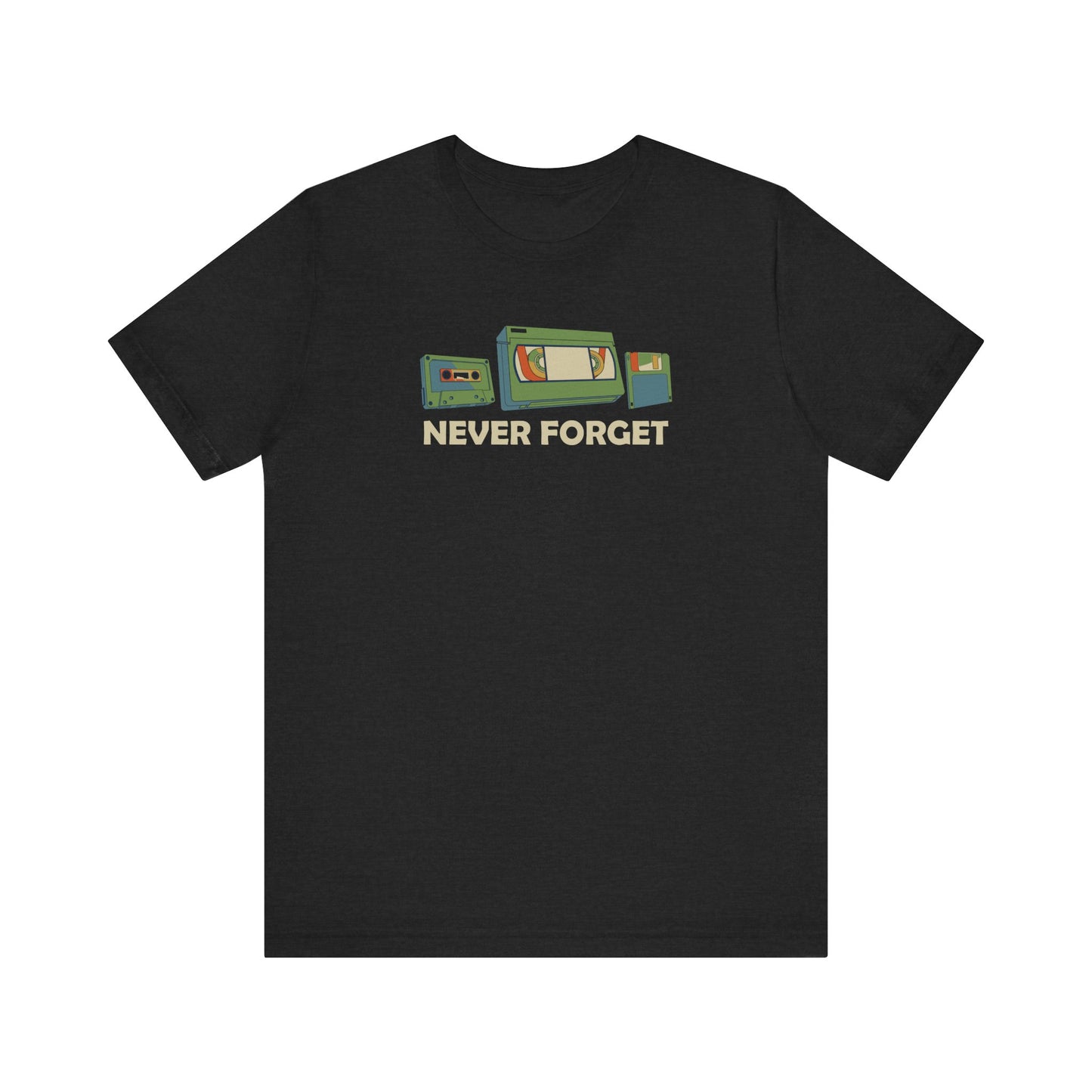 Never Forget T-Shirt - Retro Cassette, VHS, and Floppy Disk Design - Goateez Style