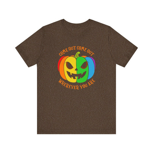 Come Out Wherever You Are LGBTQ Halloween T-Shirt - Rainbow Pumpkin Design - Goateez Style