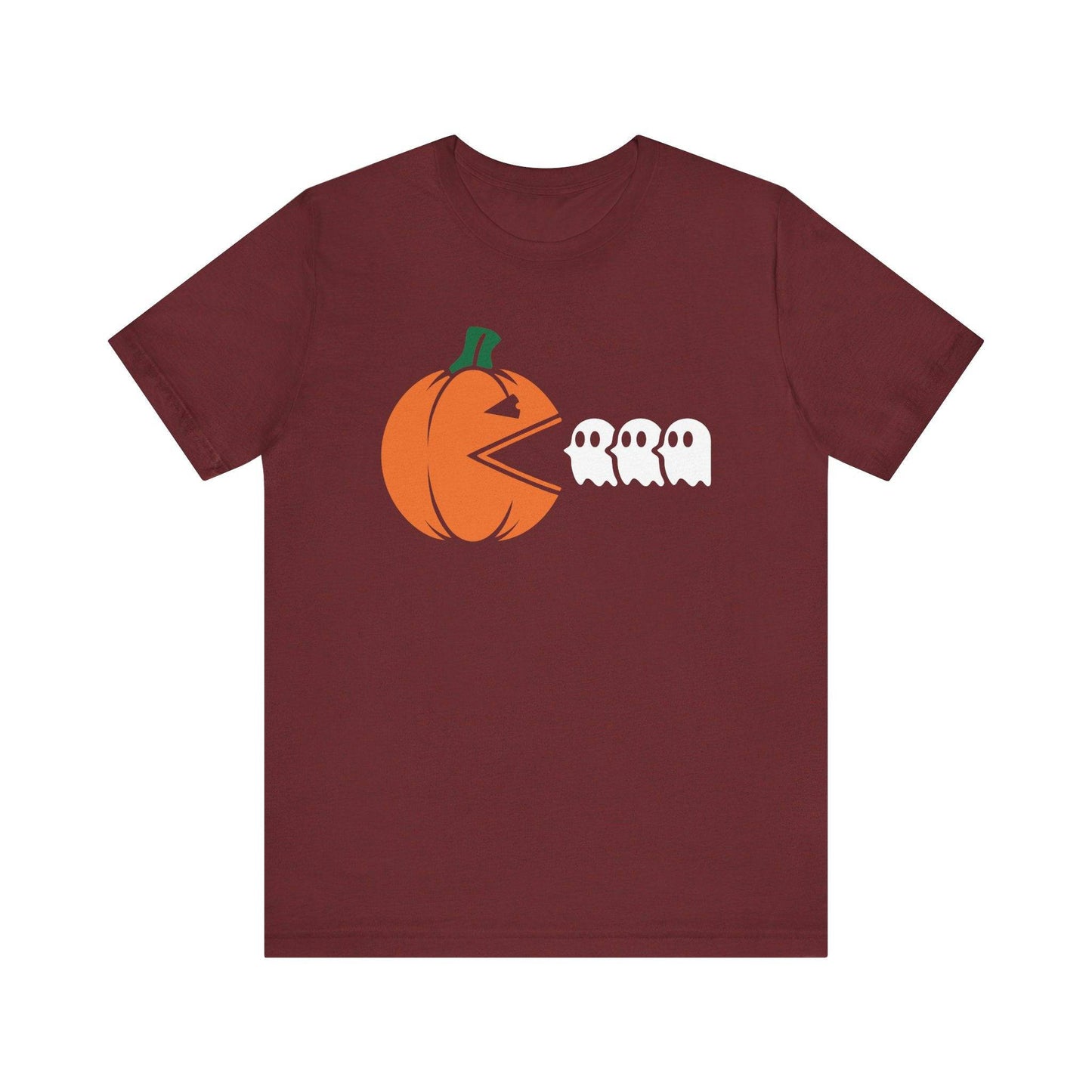 Halloween Pumpkin Chasing Ghosts T-Shirt - Fun Retro Gaming Design - Goateez Style