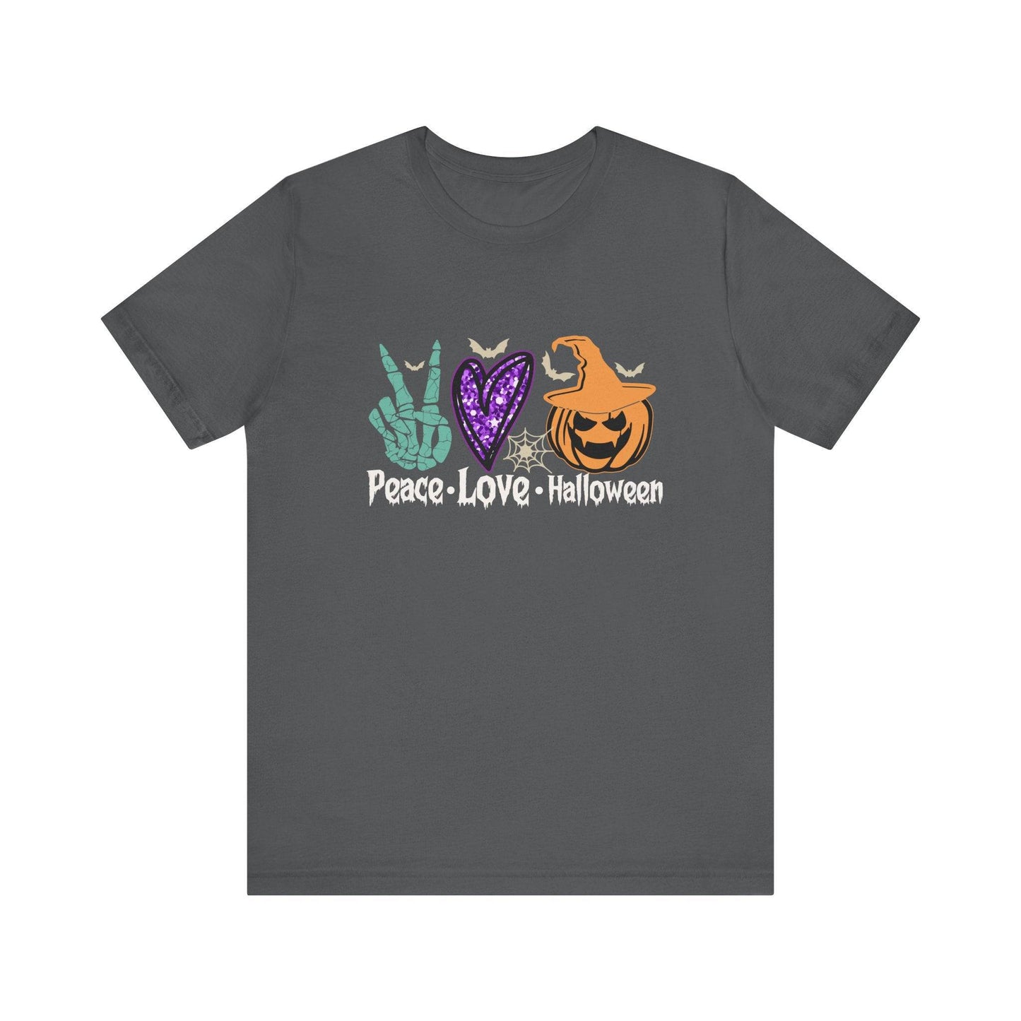 Peace Love Halloween T-Shirt - Retro Skeleton Hand and Pumpkin Design - Goateez Style