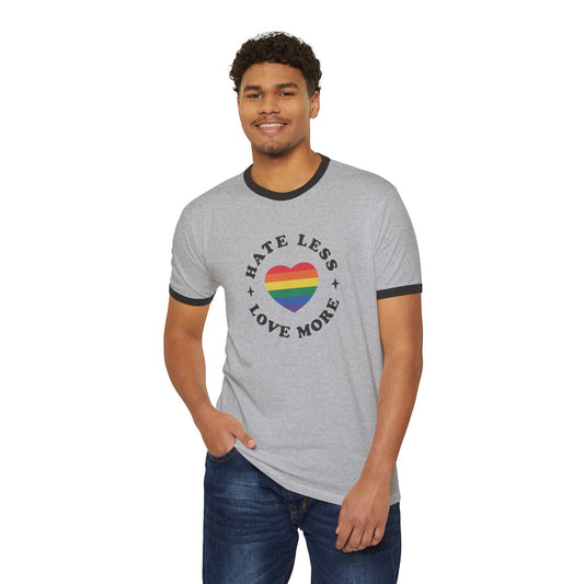 Hate Less Love More Ringer Tee | LGBTQ Pride Shirt