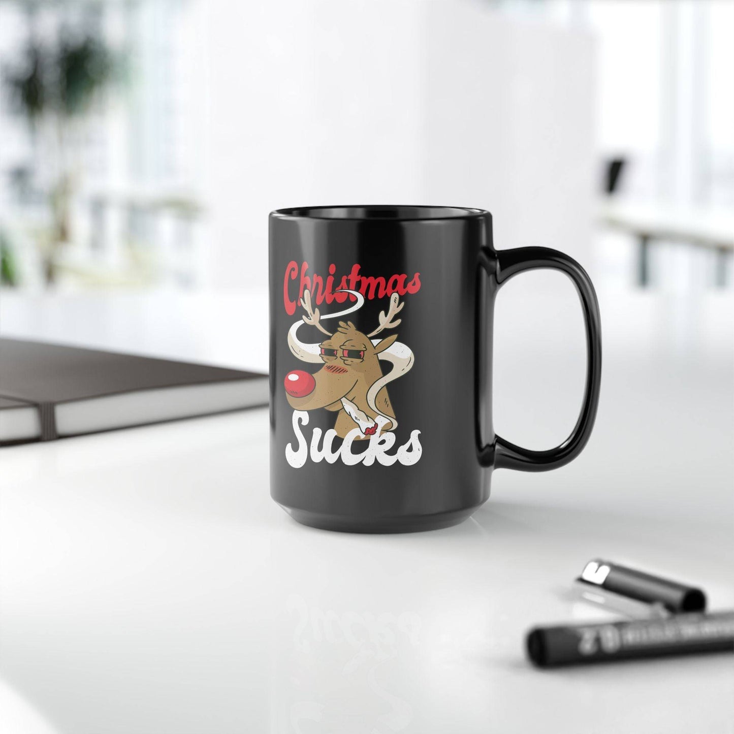 Christmas Sucks Reindeer Mug - Funny 15oz Ceramic Holiday Coffee Cup - Goateez Style