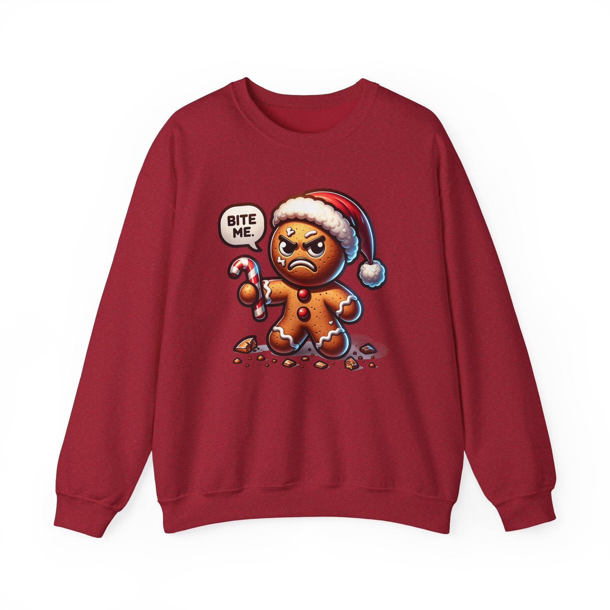 Funny Christmas Sweatshirt - "Bite Me" Angry Gingerbread Man - Goateez Style