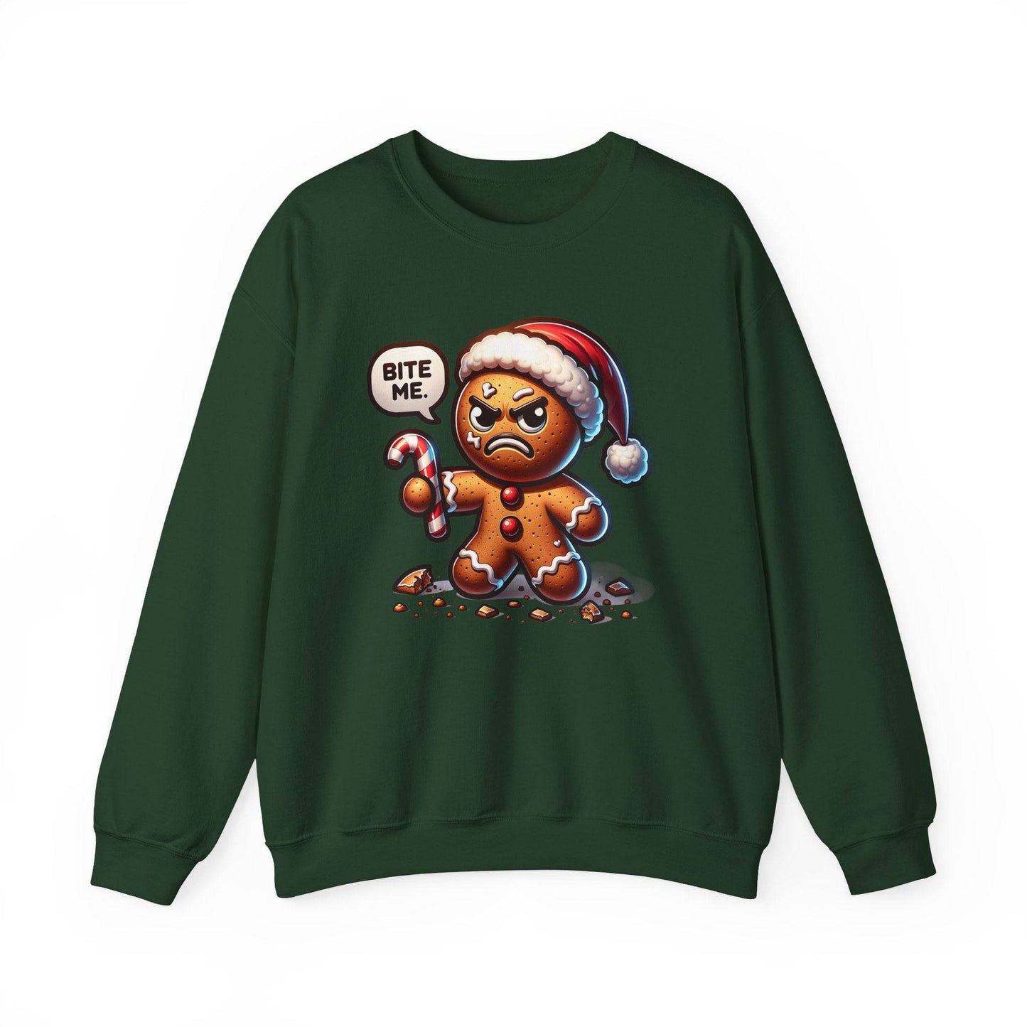 Funny Christmas Sweatshirt - "Bite Me" Angry Gingerbread Man - Goateez Style