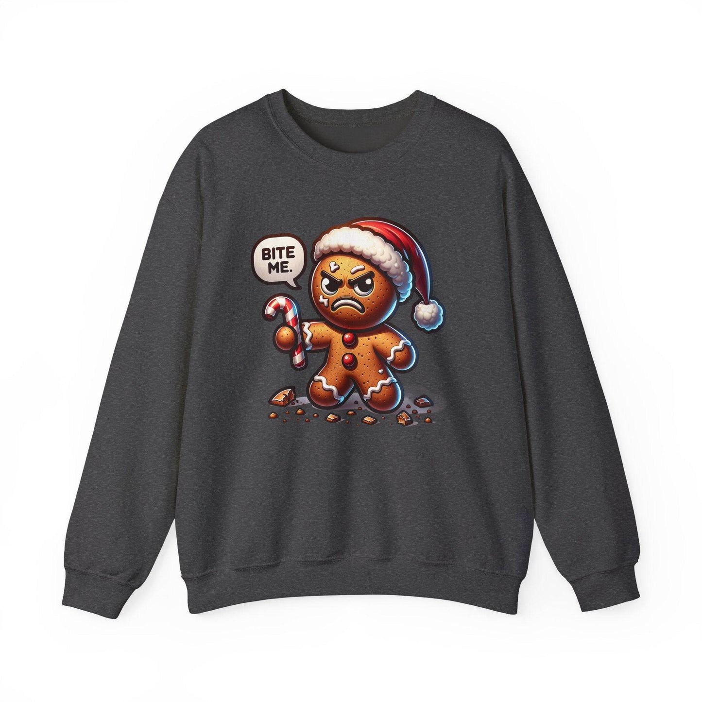 Funny Christmas Sweatshirt - "Bite Me" Angry Gingerbread Man - Goateez Style