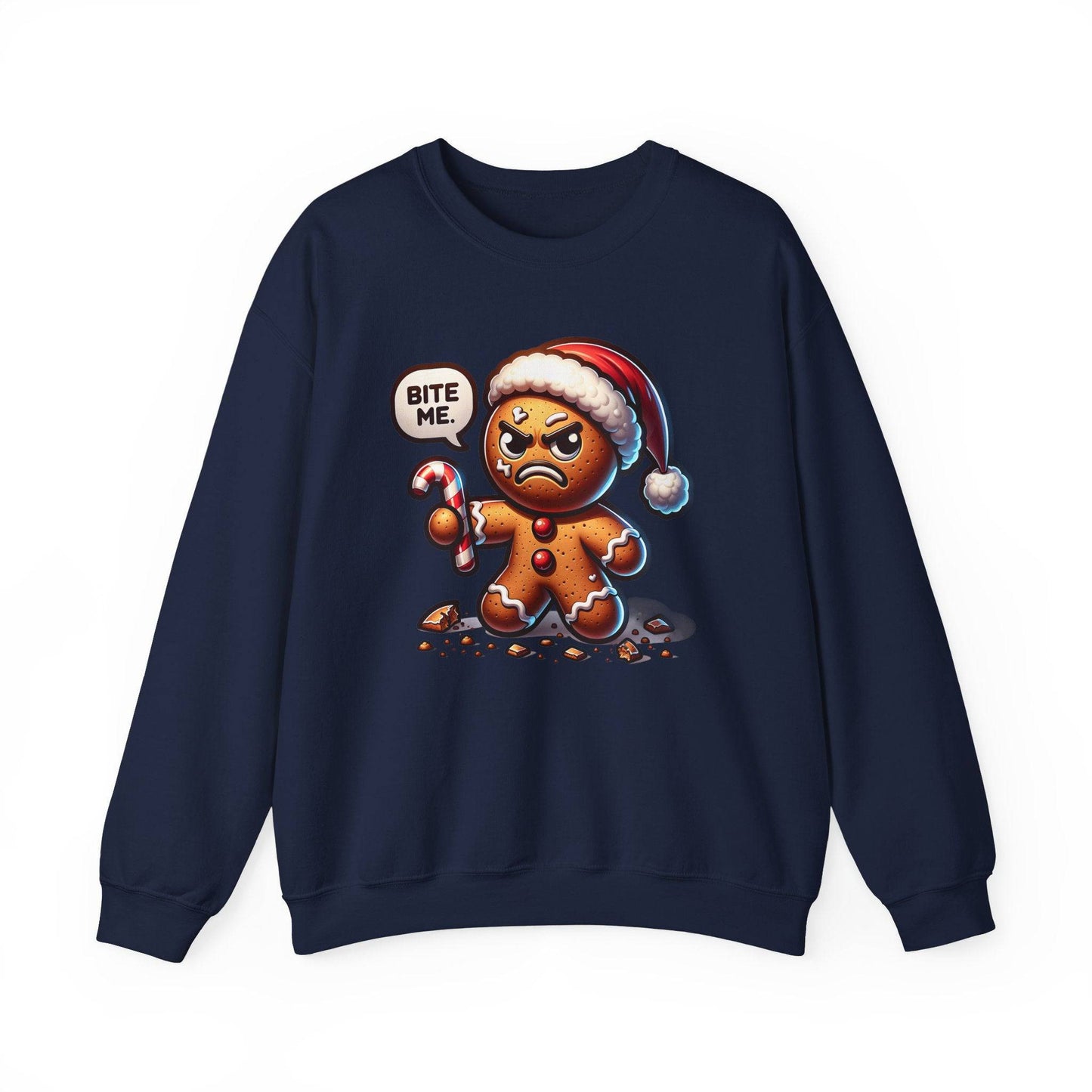 Funny Christmas Sweatshirt - "Bite Me" Angry Gingerbread Man - Goateez Style