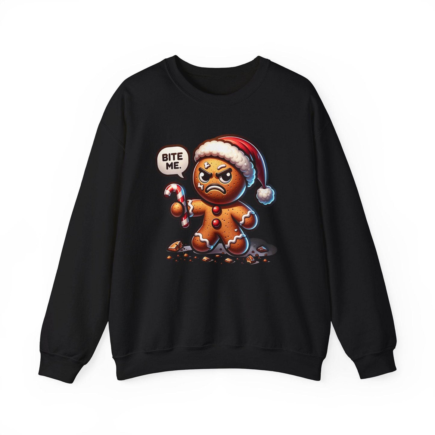 Funny Christmas Sweatshirt - "Bite Me" Angry Gingerbread Man - Goateez Style