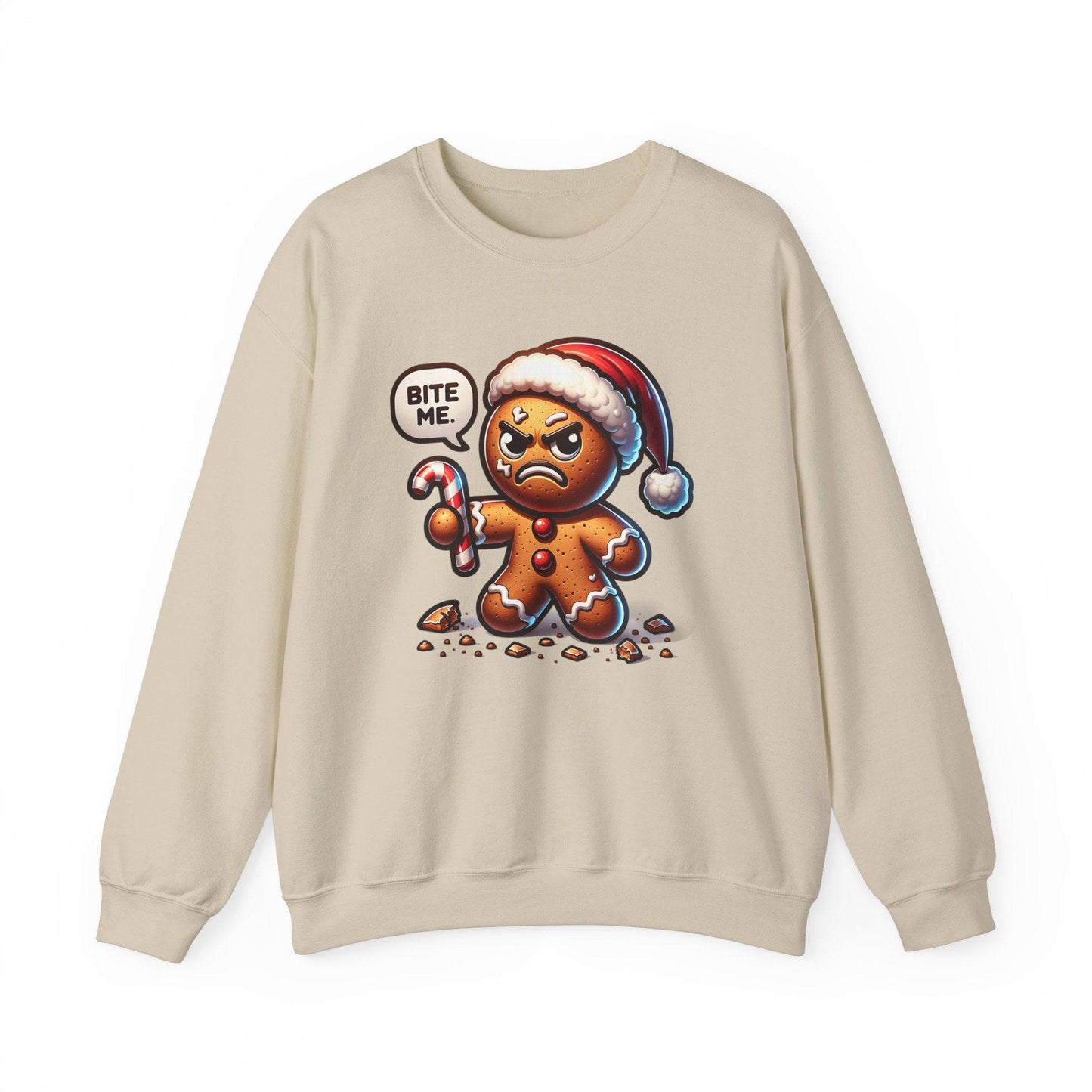 Funny Christmas Sweatshirt - "Bite Me" Angry Gingerbread Man - Goateez Style