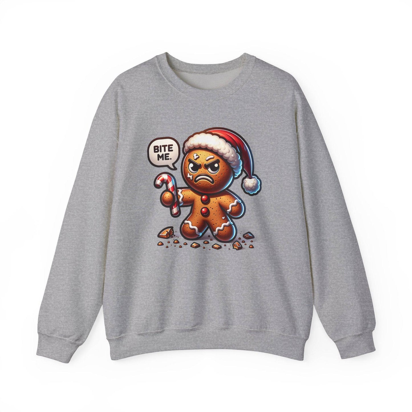 Funny Christmas Sweatshirt - "Bite Me" Angry Gingerbread Man - Goateez Style