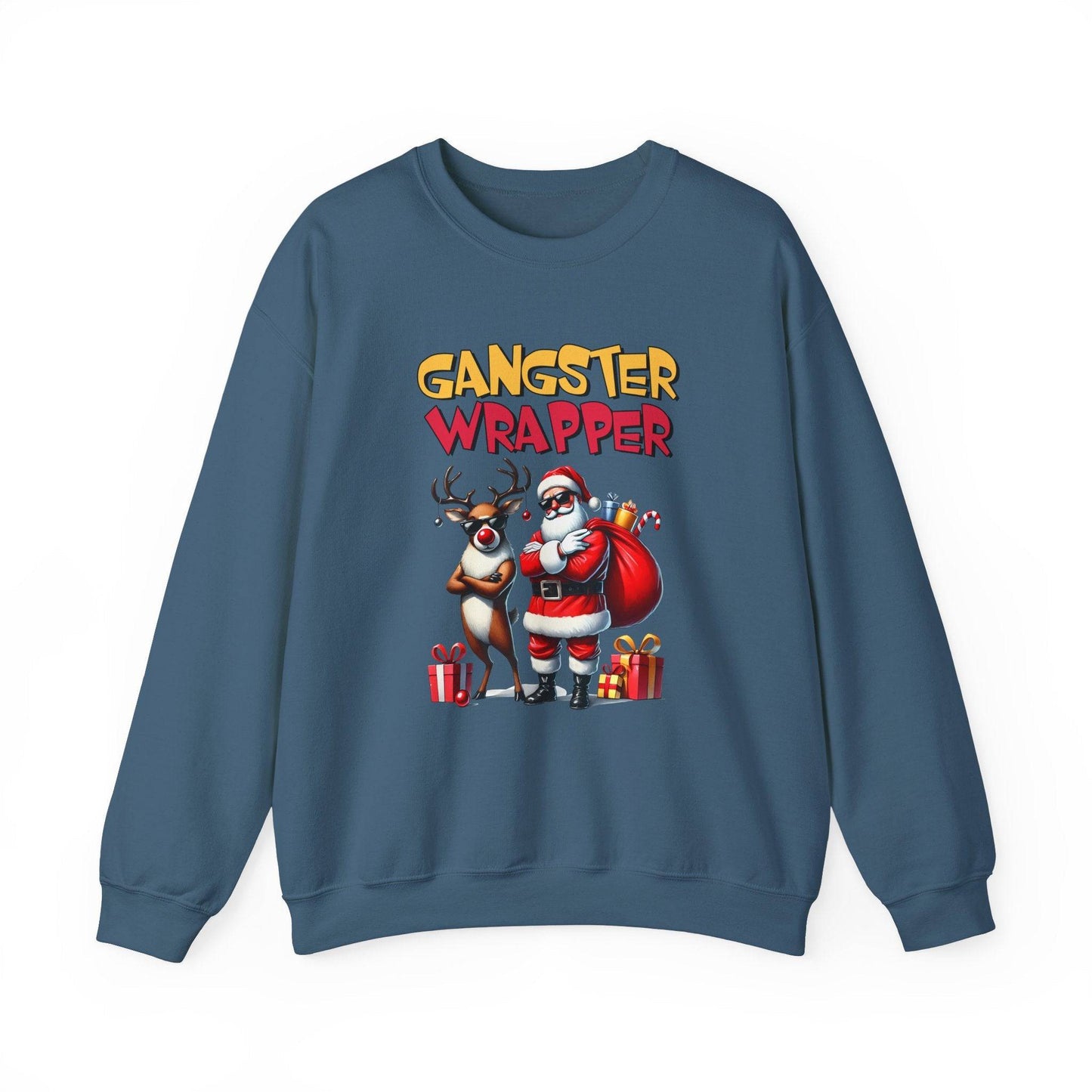 Gangster Wrapper Funny Christmas Sweatshirt Santa and Reindeer - Goateez Style