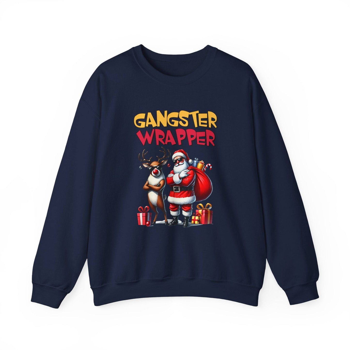 Gangster Wrapper Funny Christmas Sweatshirt Santa and Reindeer - Goateez Style