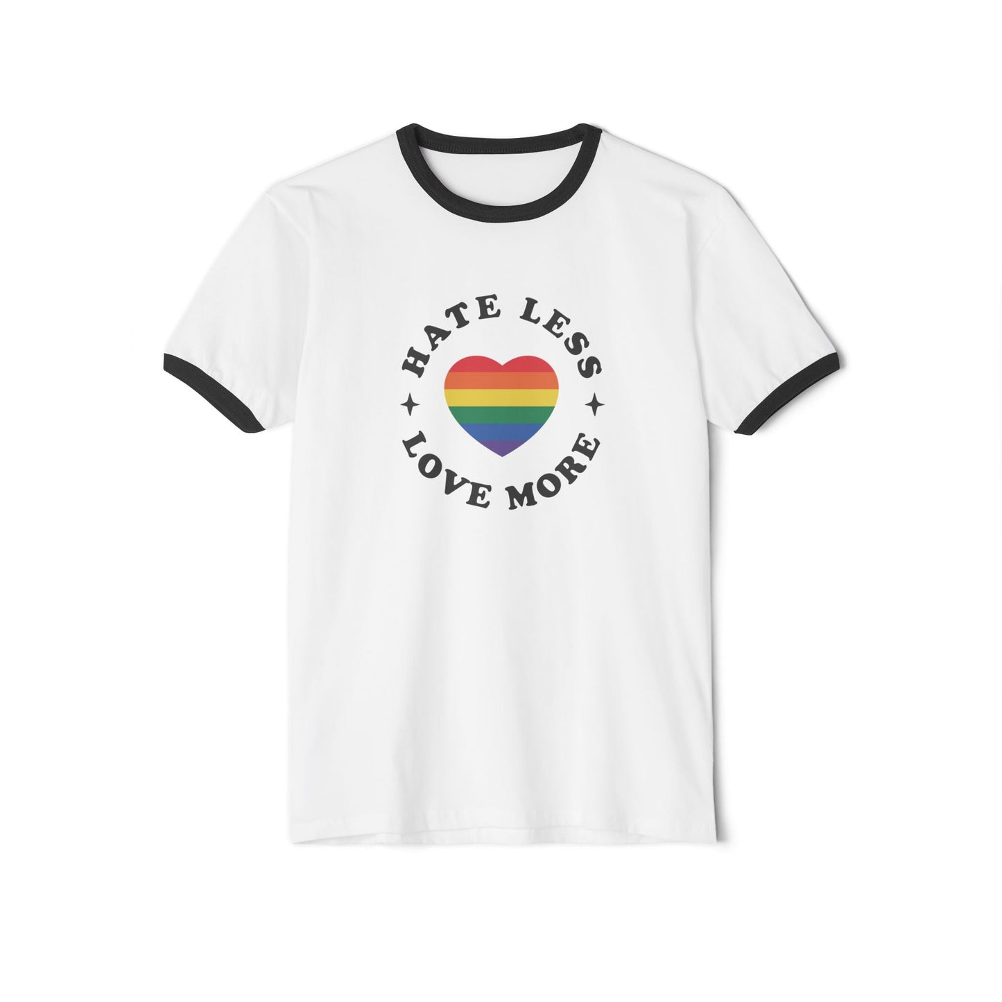 Hate Less Love More Rainbow Heart Ringer T-Shirt - LGBTQ Pride - Goateez Style