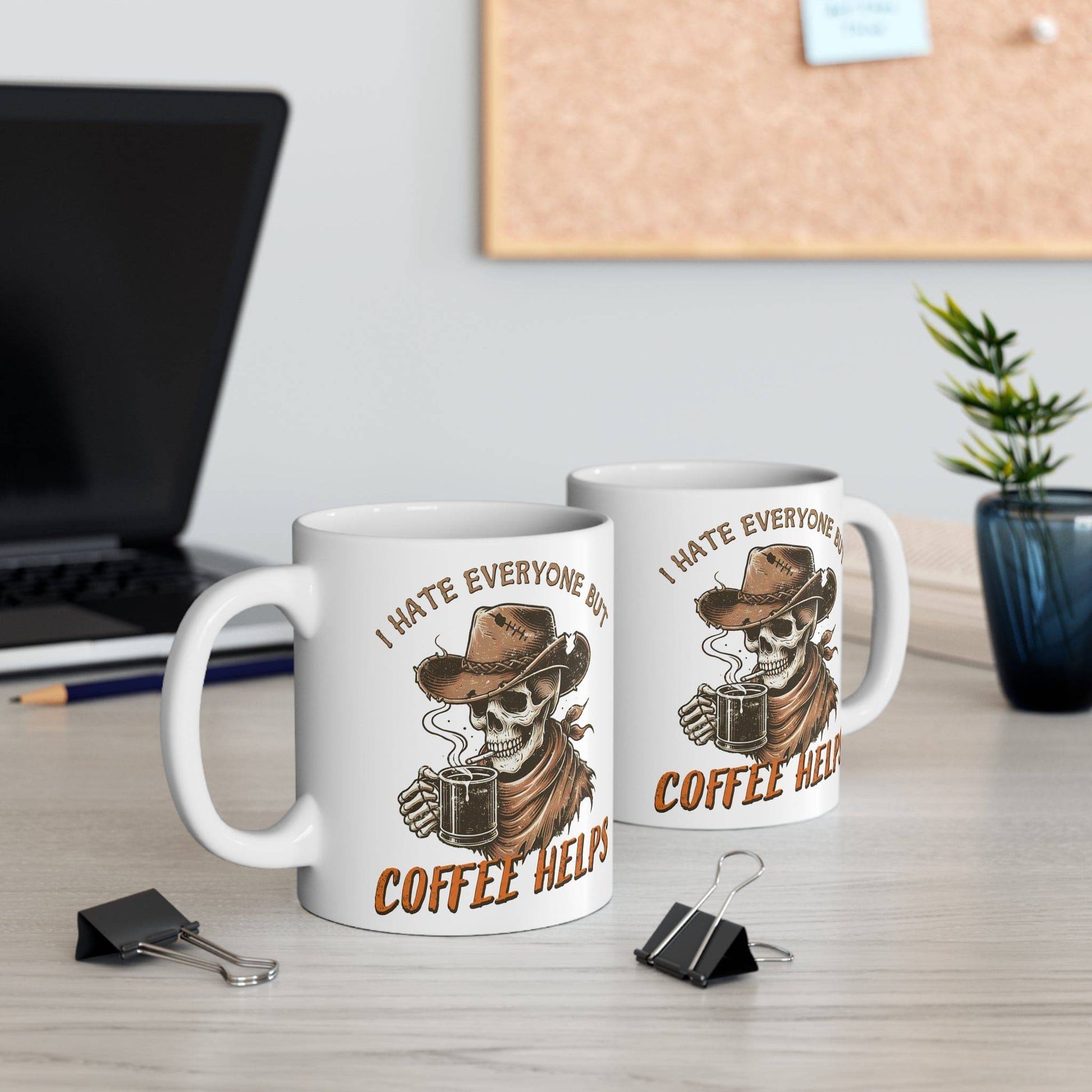 I Hate Everyone But Coffee Helps Mug - Funny Skull Cowboy 11oz Coffee Cup - Goateez Style