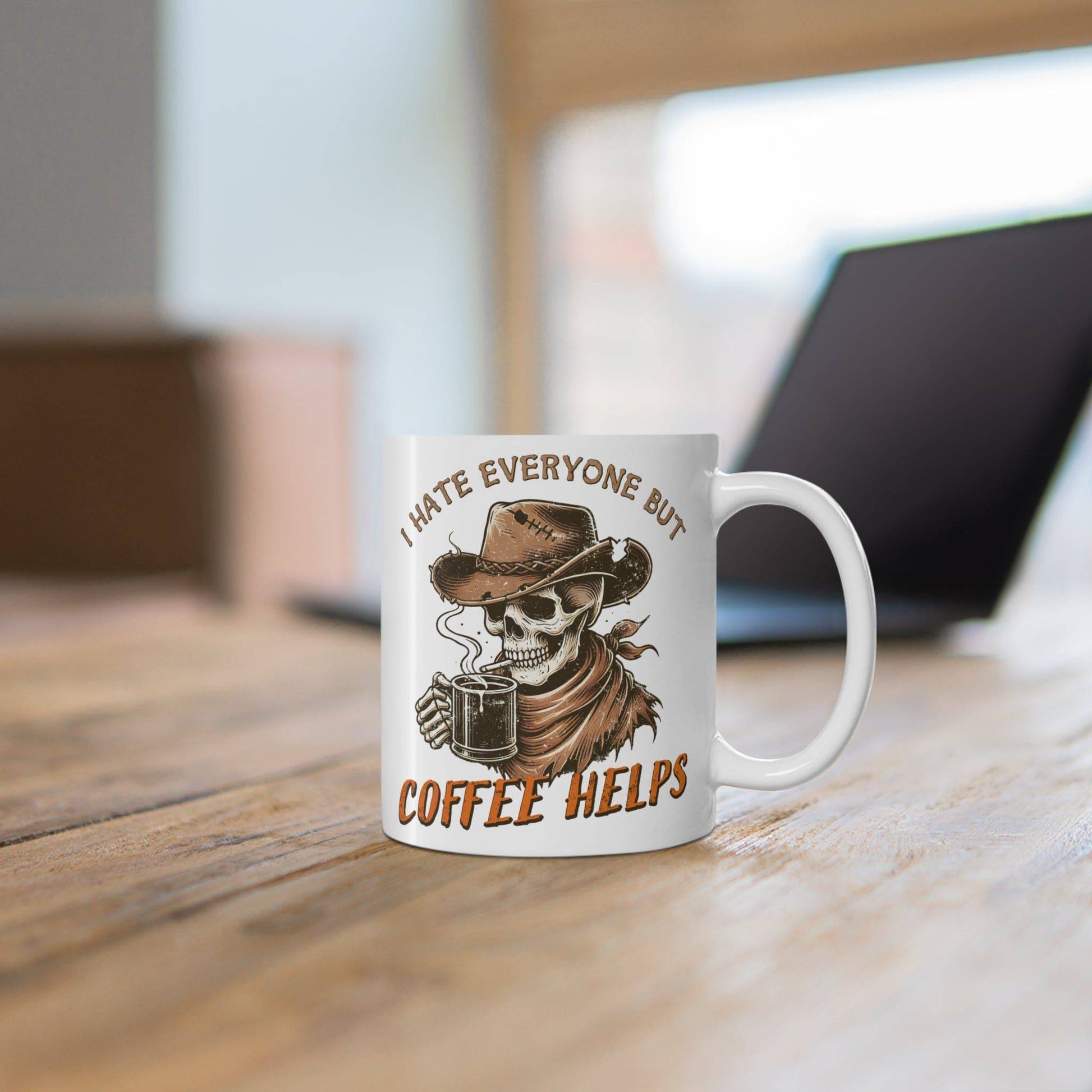 I Hate Everyone But Coffee Helps Mug - Funny Skull Cowboy 11oz Coffee Cup - Goateez Style