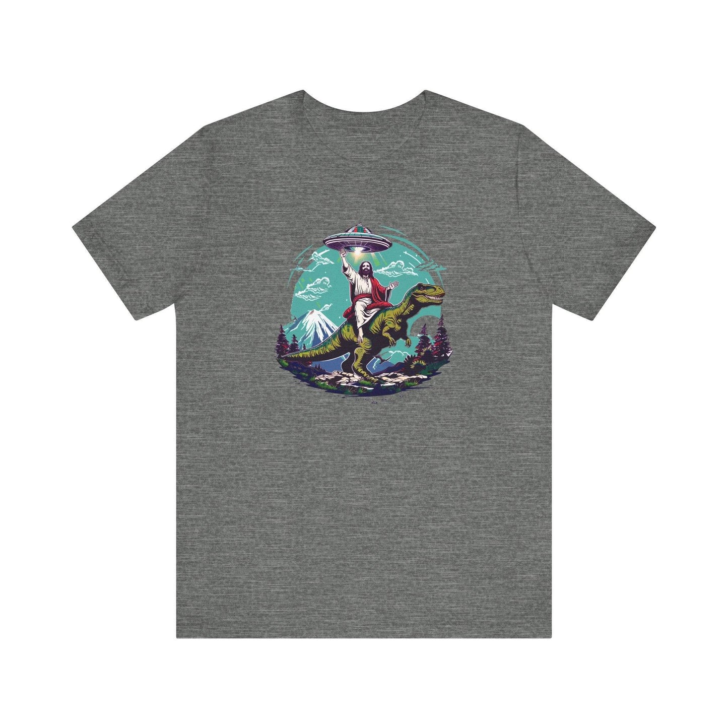 Jesus Riding a T - Rex Funny Sci - Fi T-Shirt - Dinosaur UFO Mashup Design - Goateez Style