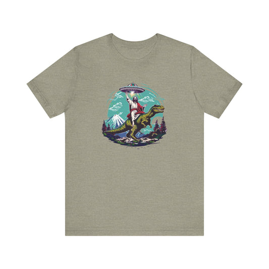 Jesus Riding a T - Rex Funny Sci - Fi T-Shirt - Dinosaur UFO Mashup Design - Goateez Style